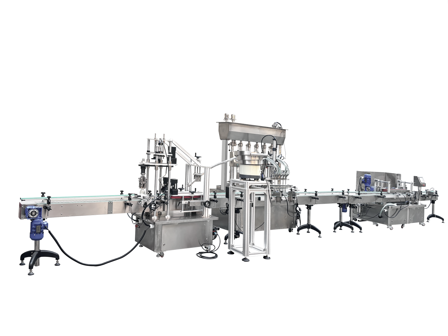 Bottle washing, piston filling, lower cap locking, and cap screwing line