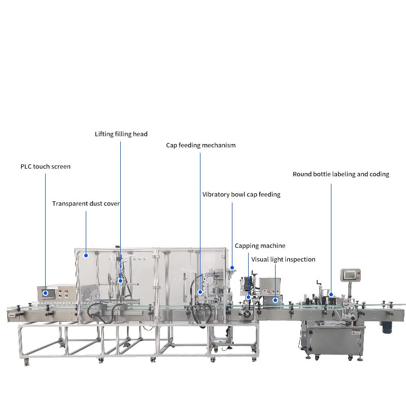 Six-head beverage filling machine with dust cover, upper cover, screwing cap, and labeling assembly line
