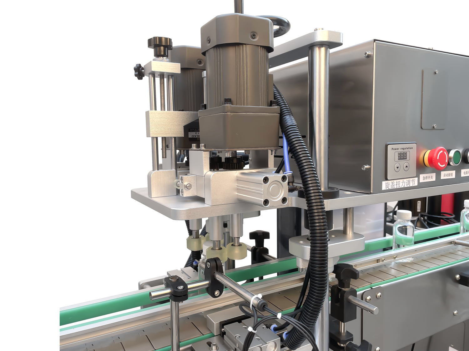 Six-head beverage filling machine with dust cover, upper cover, screwing cap, and labeling assembly line