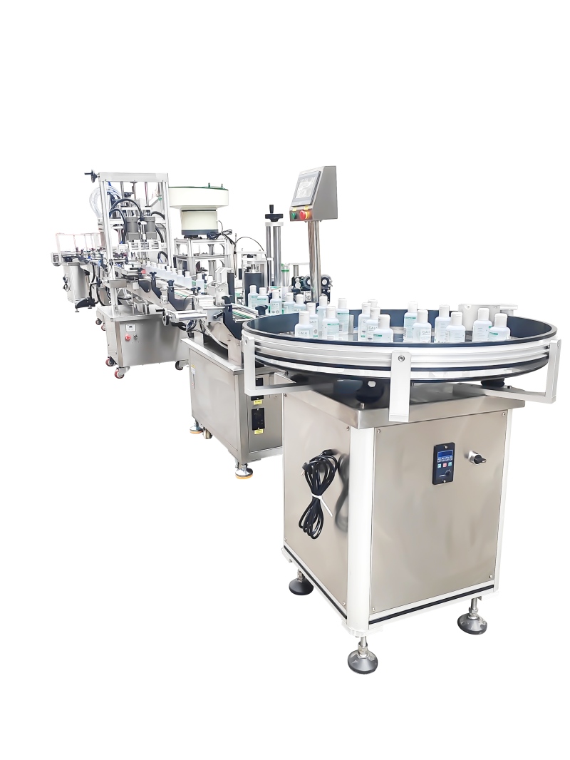 Bottle-sorting, filling, and screwing assembly line